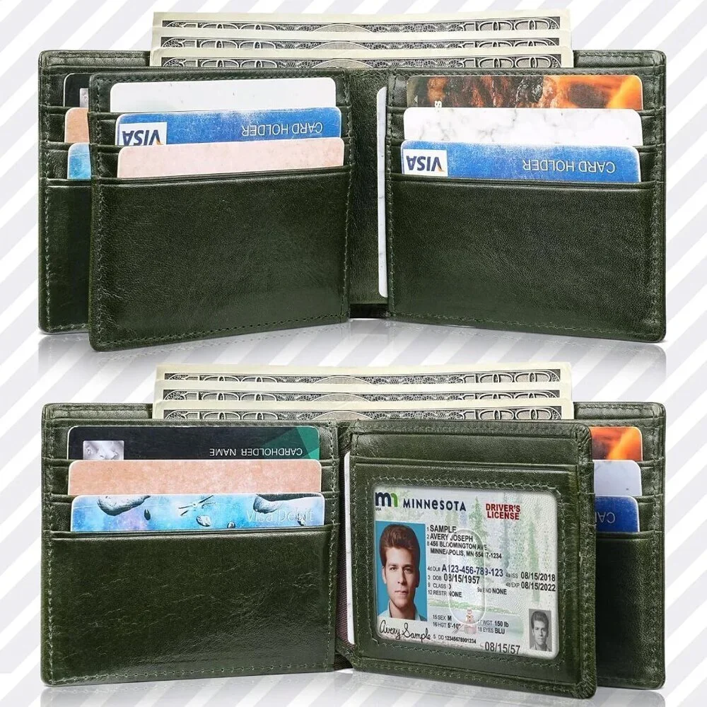 Men's Classic Holders Bifold Wallet Card Green Genuine Leather 2 Cash Pockets